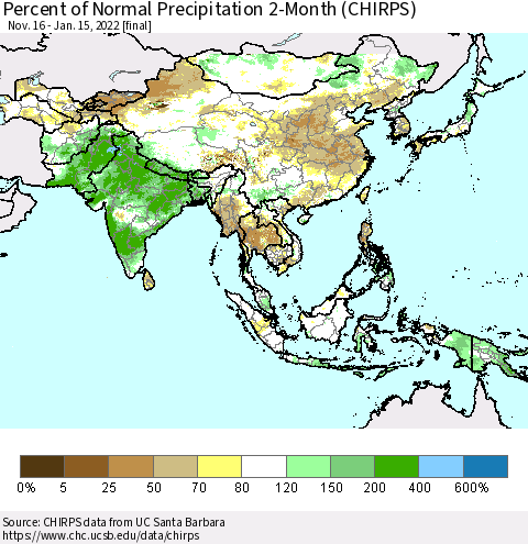 Asia Percent of Normal Precipitation 2-Month (CHIRPS) Thematic Map For 11/16/2021 - 1/15/2022