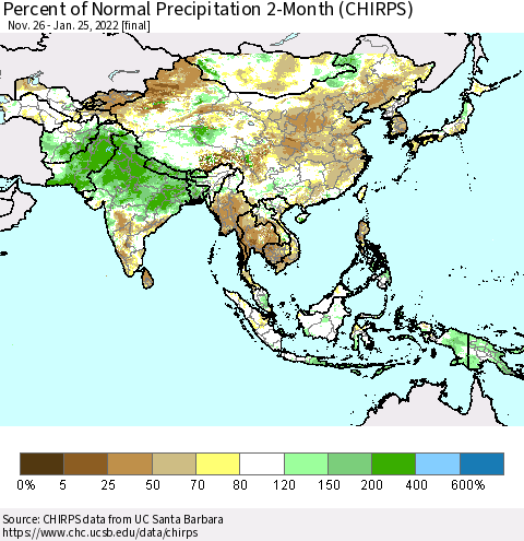 Asia Percent of Normal Precipitation 2-Month (CHIRPS) Thematic Map For 11/26/2021 - 1/25/2022