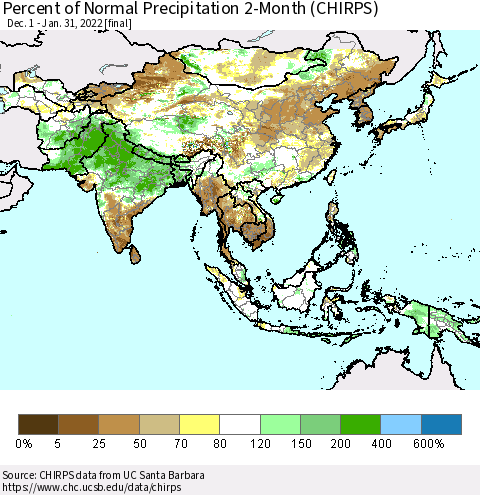 Asia Percent of Normal Precipitation 2-Month (CHIRPS) Thematic Map For 12/1/2021 - 1/31/2022