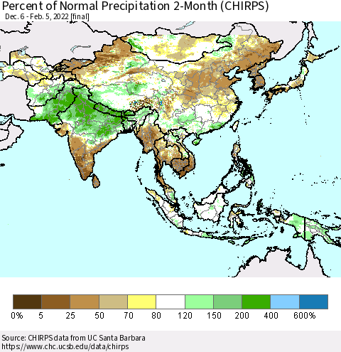 Asia Percent of Normal Precipitation 2-Month (CHIRPS) Thematic Map For 12/6/2021 - 2/5/2022