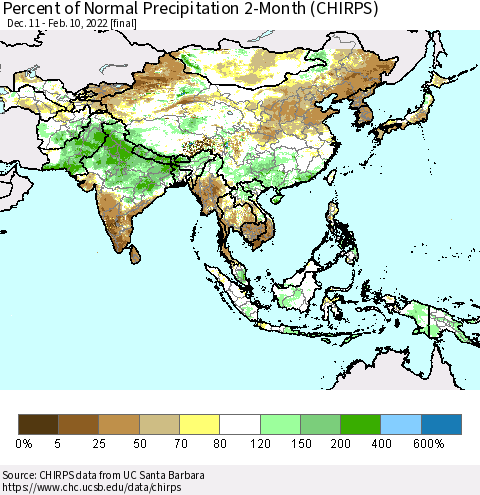 Asia Percent of Normal Precipitation 2-Month (CHIRPS) Thematic Map For 12/11/2021 - 2/10/2022