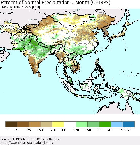 Asia Percent of Normal Precipitation 2-Month (CHIRPS) Thematic Map For 12/16/2021 - 2/15/2022