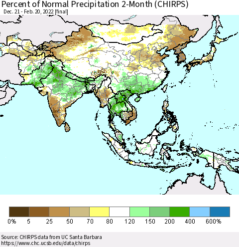Asia Percent of Normal Precipitation 2-Month (CHIRPS) Thematic Map For 12/21/2021 - 2/20/2022