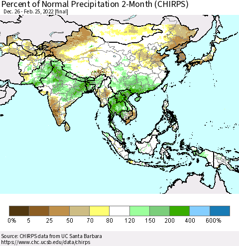 Asia Percent of Normal Precipitation 2-Month (CHIRPS) Thematic Map For 12/26/2021 - 2/25/2022