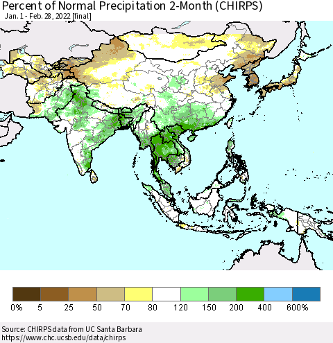 Asia Percent of Normal Precipitation 2-Month (CHIRPS) Thematic Map For 1/1/2022 - 2/28/2022