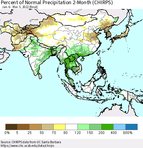 Asia Percent of Normal Precipitation 2-Month (CHIRPS) Thematic Map For 1/6/2022 - 3/5/2022