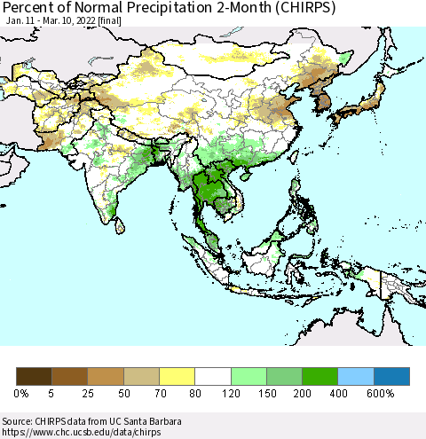 Asia Percent of Normal Precipitation 2-Month (CHIRPS) Thematic Map For 1/11/2022 - 3/10/2022