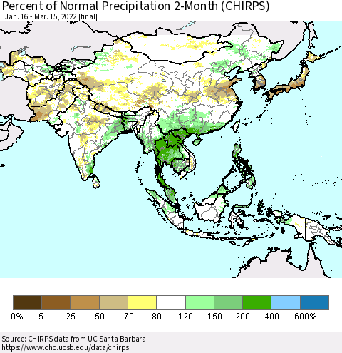 Asia Percent of Normal Precipitation 2-Month (CHIRPS) Thematic Map For 1/16/2022 - 3/15/2022