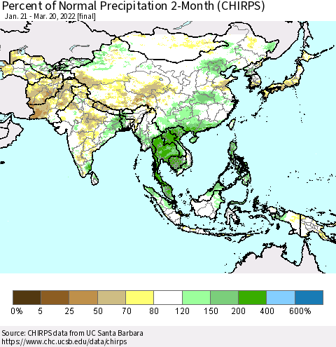 Asia Percent of Normal Precipitation 2-Month (CHIRPS) Thematic Map For 1/21/2022 - 3/20/2022