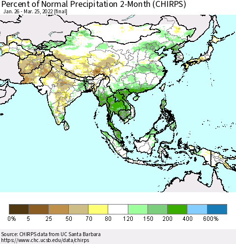 Asia Percent of Normal Precipitation 2-Month (CHIRPS) Thematic Map For 1/26/2022 - 3/25/2022