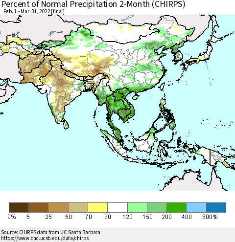 Asia Percent of Normal Precipitation 2-Month (CHIRPS) Thematic Map For 2/1/2022 - 3/31/2022