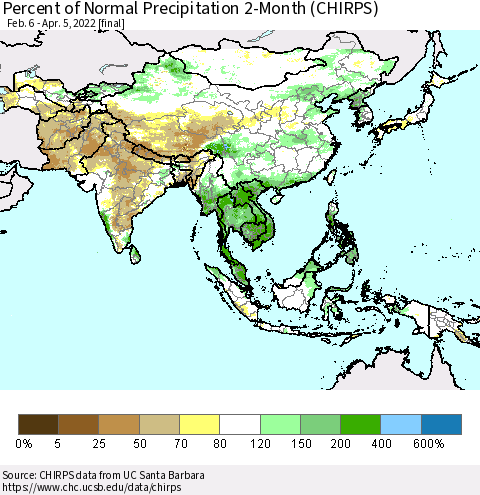 Asia Percent of Normal Precipitation 2-Month (CHIRPS) Thematic Map For 2/6/2022 - 4/5/2022