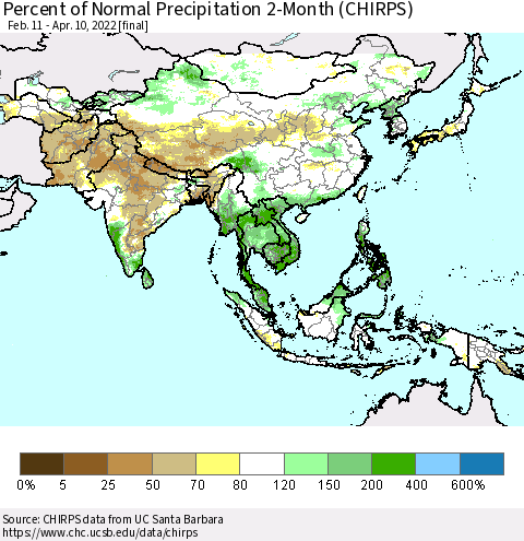 Asia Percent of Normal Precipitation 2-Month (CHIRPS) Thematic Map For 2/11/2022 - 4/10/2022