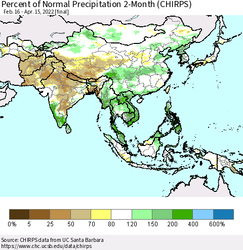 Asia Percent of Normal Precipitation 2-Month (CHIRPS) Thematic Map For 2/16/2022 - 4/15/2022