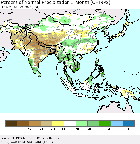 Asia Percent of Normal Precipitation 2-Month (CHIRPS) Thematic Map For 2/26/2022 - 4/25/2022