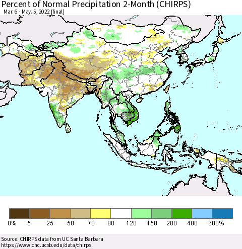 Asia Percent of Normal Precipitation 2-Month (CHIRPS) Thematic Map For 3/6/2022 - 5/5/2022
