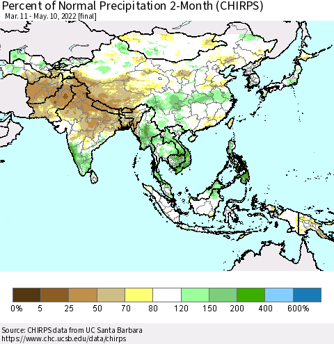 Asia Percent of Normal Precipitation 2-Month (CHIRPS) Thematic Map For 3/11/2022 - 5/10/2022