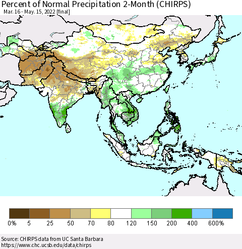 Asia Percent of Normal Precipitation 2-Month (CHIRPS) Thematic Map For 3/16/2022 - 5/15/2022