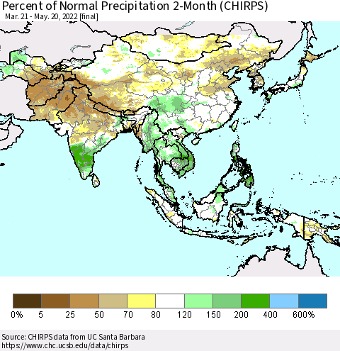 Asia Percent of Normal Precipitation 2-Month (CHIRPS) Thematic Map For 3/21/2022 - 5/20/2022
