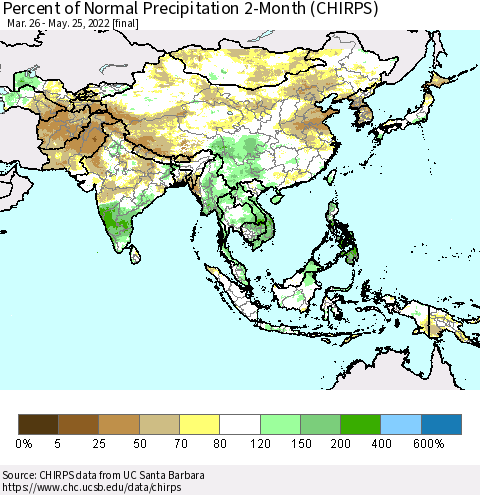 Asia Percent of Normal Precipitation 2-Month (CHIRPS) Thematic Map For 3/26/2022 - 5/25/2022