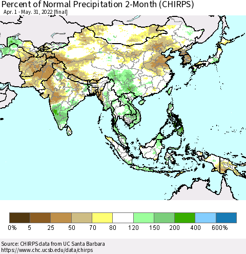Asia Percent of Normal Precipitation 2-Month (CHIRPS) Thematic Map For 4/1/2022 - 5/31/2022
