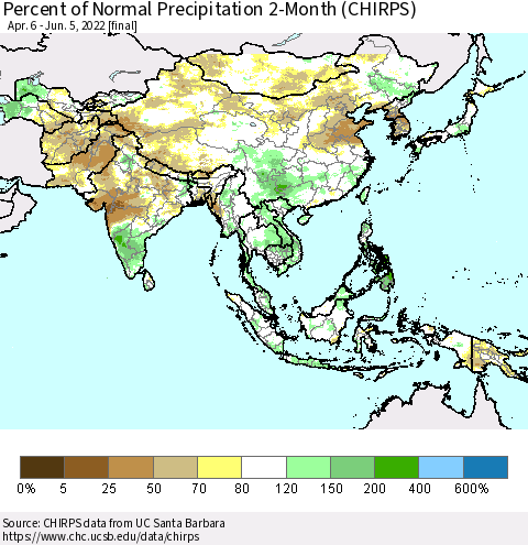 Asia Percent of Normal Precipitation 2-Month (CHIRPS) Thematic Map For 4/6/2022 - 6/5/2022