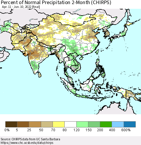 Asia Percent of Normal Precipitation 2-Month (CHIRPS) Thematic Map For 4/11/2022 - 6/10/2022