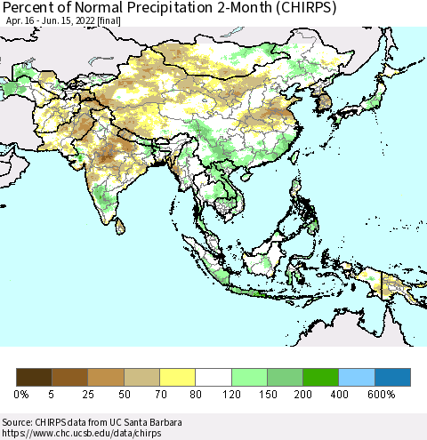 Asia Percent of Normal Precipitation 2-Month (CHIRPS) Thematic Map For 4/16/2022 - 6/15/2022