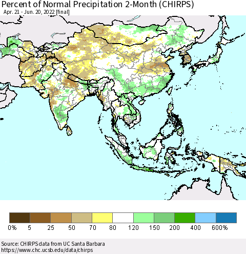 Asia Percent of Normal Precipitation 2-Month (CHIRPS) Thematic Map For 4/21/2022 - 6/20/2022
