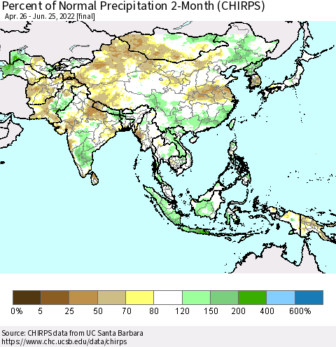 Asia Percent of Normal Precipitation 2-Month (CHIRPS) Thematic Map For 4/26/2022 - 6/25/2022