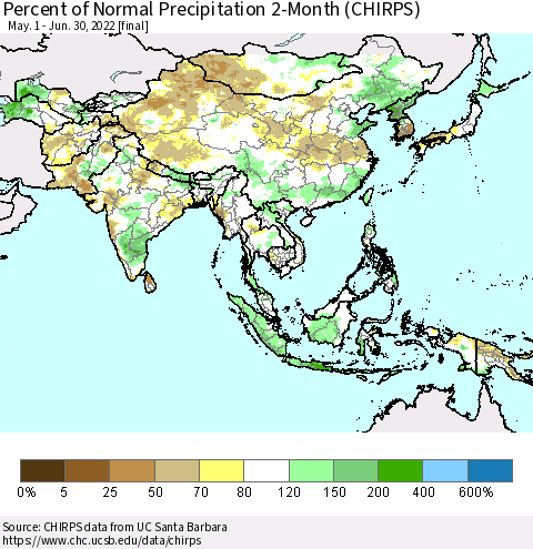 Asia Percent of Normal Precipitation 2-Month (CHIRPS) Thematic Map For 5/1/2022 - 6/30/2022
