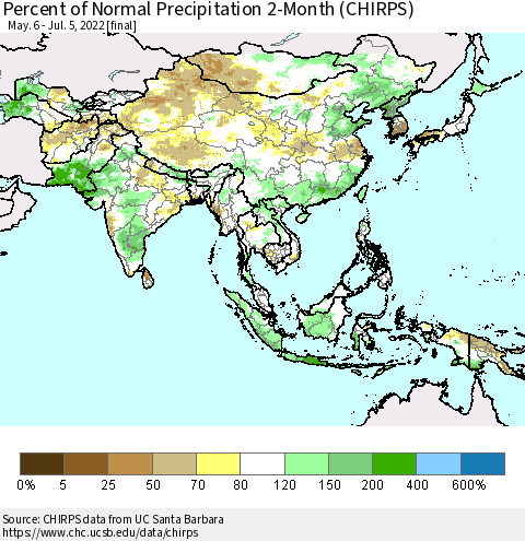 Asia Percent of Normal Precipitation 2-Month (CHIRPS) Thematic Map For 5/6/2022 - 7/5/2022