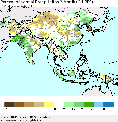 Asia Percent of Normal Precipitation 2-Month (CHIRPS) Thematic Map For 5/11/2022 - 7/10/2022