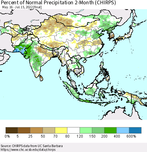 Asia Percent of Normal Precipitation 2-Month (CHIRPS) Thematic Map For 5/16/2022 - 7/15/2022