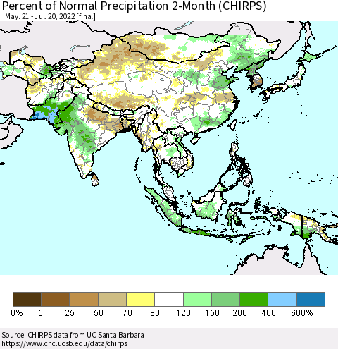 Asia Percent of Normal Precipitation 2-Month (CHIRPS) Thematic Map For 5/21/2022 - 7/20/2022