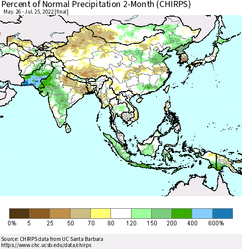 Asia Percent of Normal Precipitation 2-Month (CHIRPS) Thematic Map For 5/26/2022 - 7/25/2022