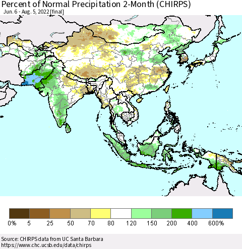 Asia Percent of Normal Precipitation 2-Month (CHIRPS) Thematic Map For 6/6/2022 - 8/5/2022