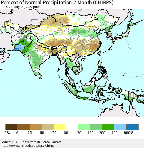 Asia Percent of Normal Precipitation 2-Month (CHIRPS) Thematic Map For 6/21/2022 - 8/20/2022