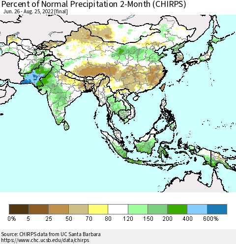 Asia Percent of Normal Precipitation 2-Month (CHIRPS) Thematic Map For 6/26/2022 - 8/25/2022