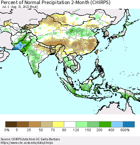 Asia Percent of Normal Precipitation 2-Month (CHIRPS) Thematic Map For 7/1/2022 - 8/31/2022