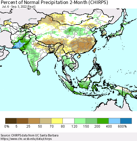 Asia Percent of Normal Precipitation 2-Month (CHIRPS) Thematic Map For 7/6/2022 - 9/5/2022