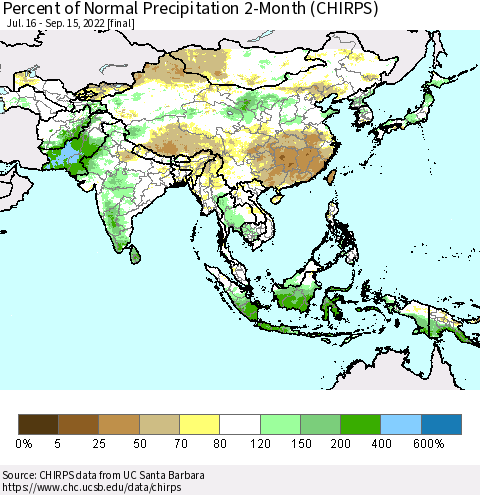 Asia Percent of Normal Precipitation 2-Month (CHIRPS) Thematic Map For 7/16/2022 - 9/15/2022