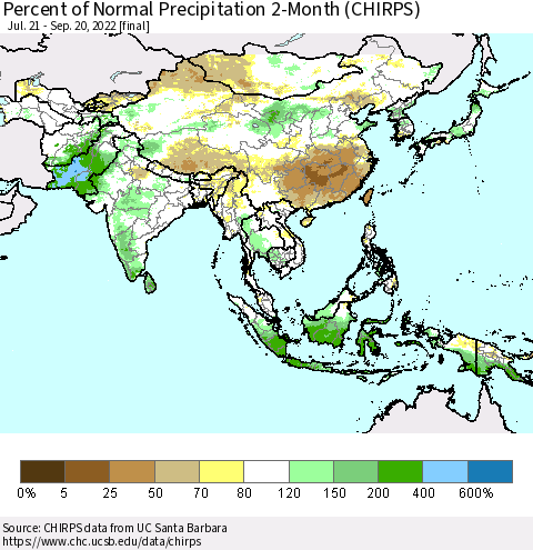 Asia Percent of Normal Precipitation 2-Month (CHIRPS) Thematic Map For 7/21/2022 - 9/20/2022