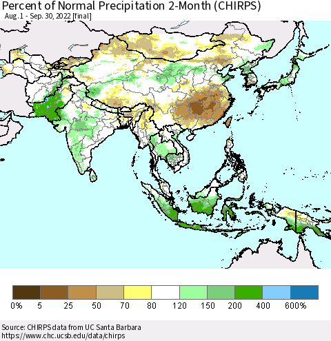 Asia Percent of Normal Precipitation 2-Month (CHIRPS) Thematic Map For 8/1/2022 - 9/30/2022