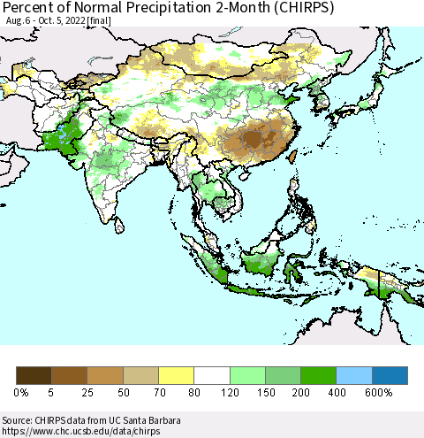 Asia Percent of Normal Precipitation 2-Month (CHIRPS) Thematic Map For 8/6/2022 - 10/5/2022