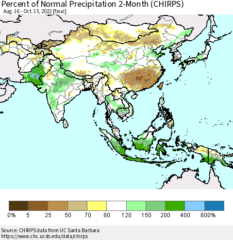 Asia Percent of Normal Precipitation 2-Month (CHIRPS) Thematic Map For 8/16/2022 - 10/15/2022