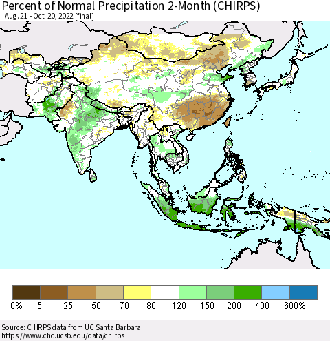 Asia Percent of Normal Precipitation 2-Month (CHIRPS) Thematic Map For 8/21/2022 - 10/20/2022