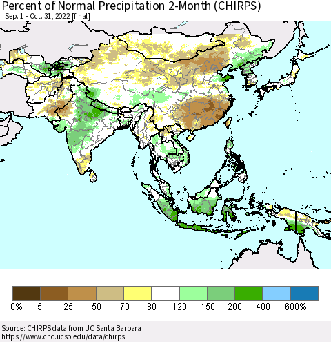 Asia Percent of Normal Precipitation 2-Month (CHIRPS) Thematic Map For 9/1/2022 - 10/31/2022