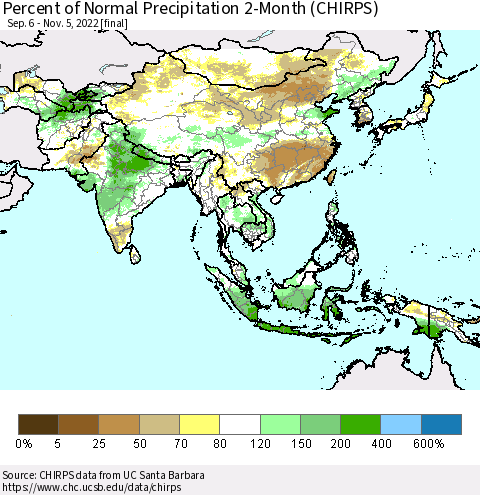 Asia Percent of Normal Precipitation 2-Month (CHIRPS) Thematic Map For 9/6/2022 - 11/5/2022