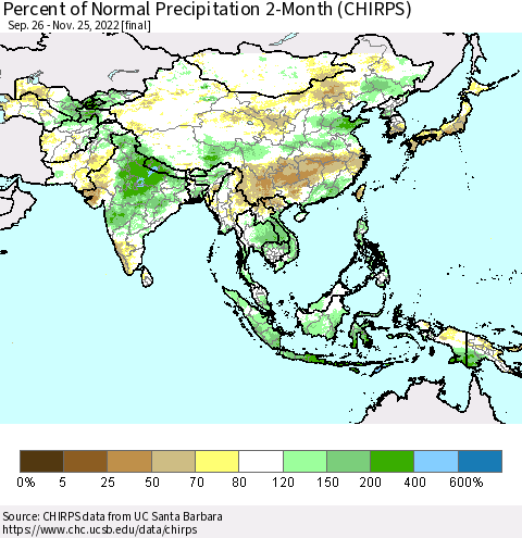 Asia Percent of Normal Precipitation 2-Month (CHIRPS) Thematic Map For 9/26/2022 - 11/25/2022